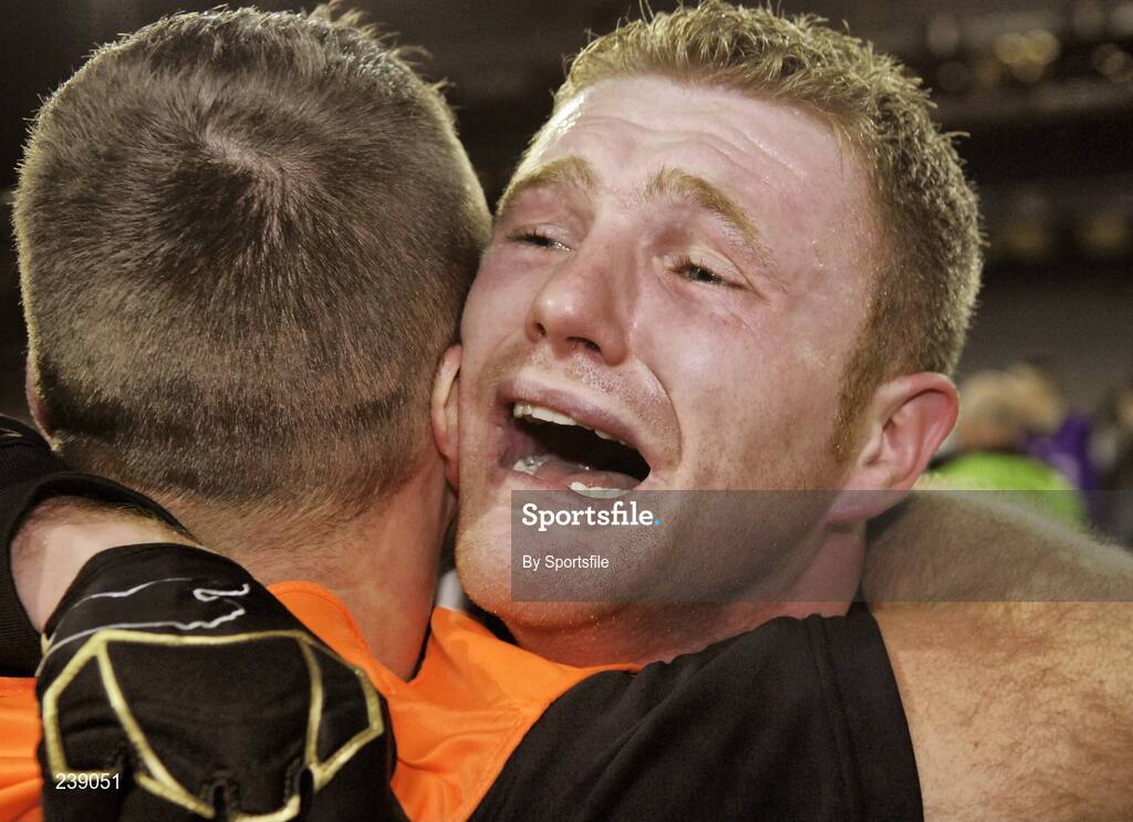 10 March 2007; Ardfert's Shane Griffin is embraced by his manager Pat O'Driscoll at the end of the game. Ardfert (Kerry) v Eoghan Ruadh (Derry), All-Ireland Intermediate Club Football Championship Final, Croke Park, Dublin. Photo by Sportsfile *** Local Caption ***