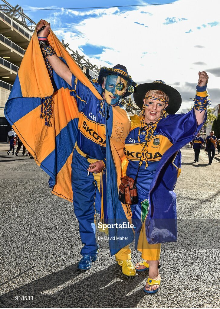 27 September 2014; Tipperary supporters James Sid Ryan and Margaret McGrath, both from Tipperary town, Co. Tipperary, ahead of the game. GAA Hurling All Ireland Senior Championship Final Replay, Kilkenny v Tipperary. Croke Park, Dublin. Picture credit: David Maher / SPORTSFILE