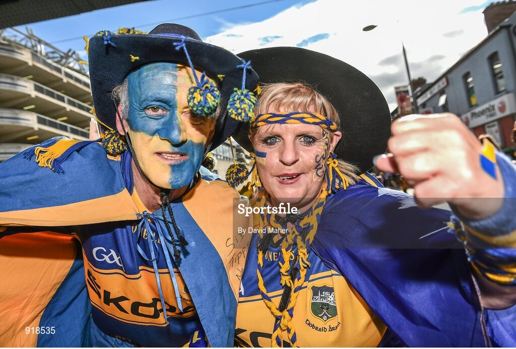 27 September 2014; Tipperary supporters James Sid Ryan and Margaret McGrath, both from Tipperary town, Co. Tipperary, ahead of the game. GAA Hurling All Ireland Senior Championship Final Replay, Kilkenny v Tipperary. Croke Park, Dublin. Picture credit: David Maher / SPORTSFILE