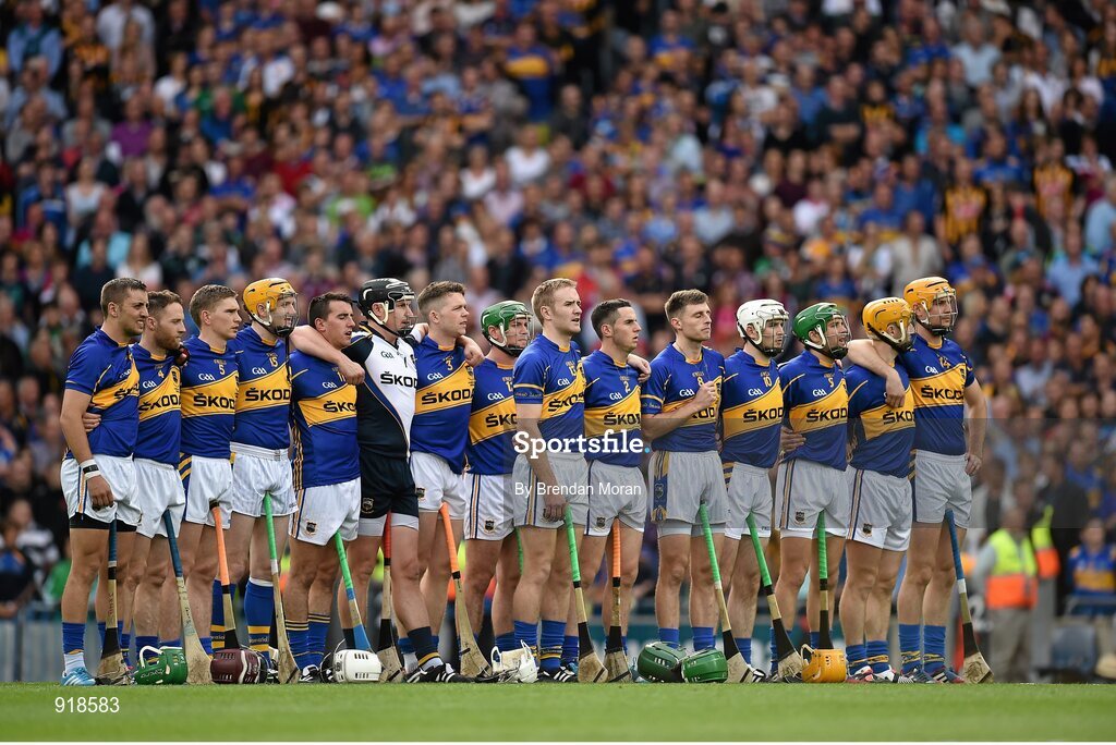 27 September 2014; The Tipperary team stand for the National Anthem. GAA Hurling All Ireland Senior Championship Final Replay, Kilkenny v Tipperary. Croke Park, Dublin. Picture credit: Brendan Moran / SPORTSFILE