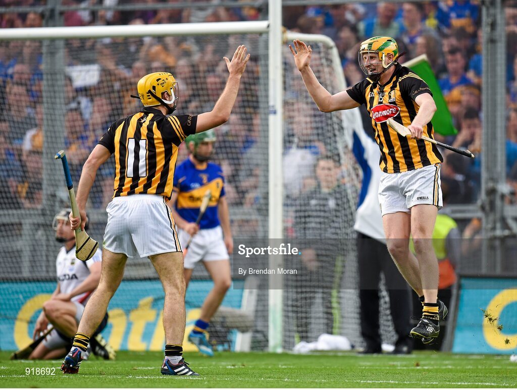 27 September 2014; John Power, right, Kilkenny, celebrates with team-mate Colin Fennelly after scoring his side's second goal of the game. GAA Hurling All Ireland Senior Championship Final Replay, Kilkenny v Tipperary. Croke Park, Dublin. Picture credit: Brendan Moran / SPORTSFILE