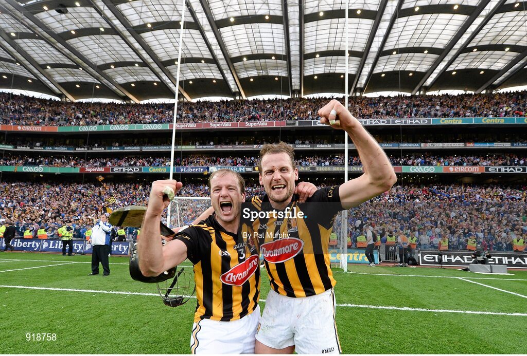 27 September 2014; Kilkenny's JJ Delaney, left, and Jackie Tyrrell celebrate after the game. GAA Hurling All Ireland Senior Championship Final Replay, Kilkenny v Tipperary. Croke Park, Dublin. Picture credit: Pat Murphy / SPORTSFILE