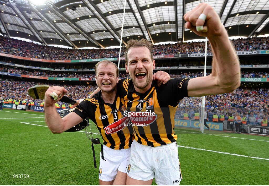 27 September 2014; Kilkenny's JJ Delaney, left, and Jackie Tyrrell celebrate after the game. GAA Hurling All Ireland Senior Championship Final Replay, Kilkenny v Tipperary. Croke Park, Dublin. Picture credit: Pat Murphy / SPORTSFILE