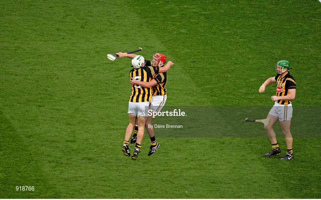 27 September 2014; Kilkenny players, left to right, Pádraig Walsh, Cillian Buckley and Paul Murphy, celebrate at the final whistle. GAA Hurling All Ireland Senior Championship Final Replay, Kilkenny v Tipperary. Croke Park, Dublin. Picture credit: Dáire Brennan / SPORTSFILE
