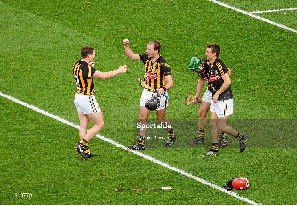 27 September 2014; Kilkenny players, left to right, Paul Murphy, JJ Delaney, Eoin Murphy, and David Herity, celebrate after the game. GAA Hurling All Ireland Senior Championship Final Replay, Kilkenny v Tipperary. Croke Park, Dublin. Picture credit: Dáire Brennan / SPORTSFILE