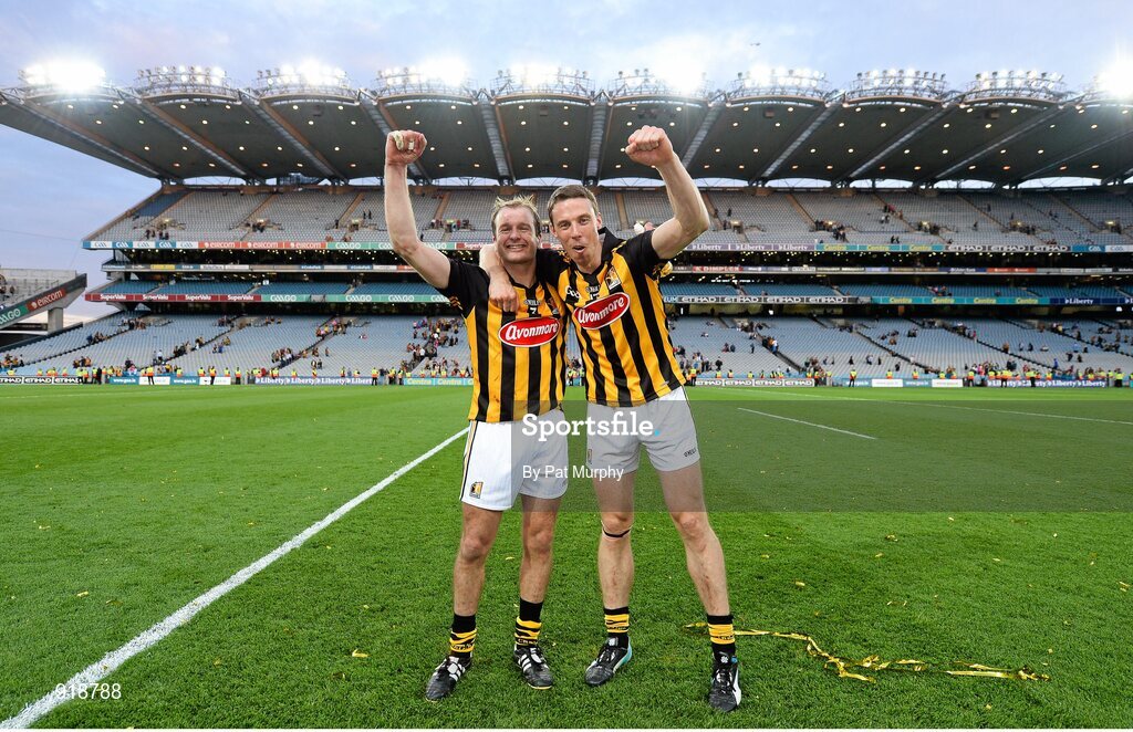 27 September 2014; Kilkenny's JJ Delaney, left, and Brian Hogan celebrate after the game. GAA Hurling All Ireland Senior Championship Final Replay, Kilkenny v Tipperary. Croke Park, Dublin. Picture credit: Pat Murphy / SPORTSFILE