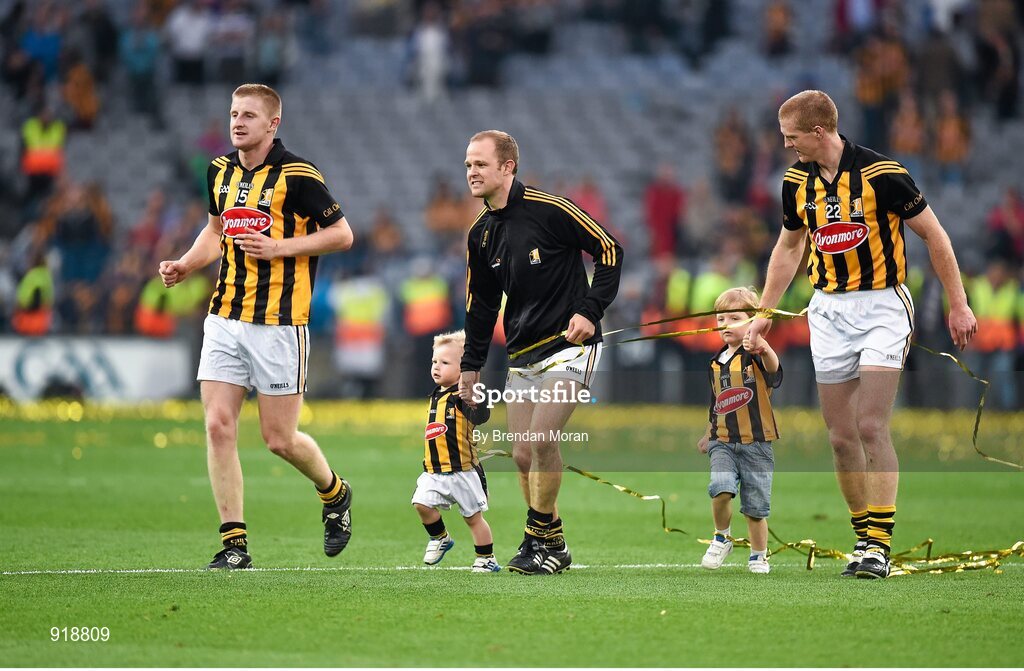 27 September 2014; Kilkenny players, from left, John Power, Tommy Walsh with his son Finn and Henry Shefflin with his son Henry. GAA Hurling All Ireland Senior Championship Final Replay, Kilkenny v Tipperary. Croke Park, Dublin. Picture credit: Brendan Moran / SPORTSFILE