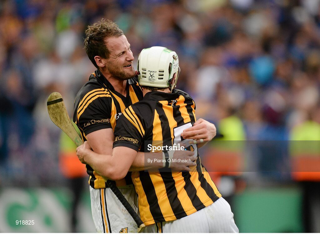 27 September 2014; Kilkenny's Jackie Tyrrell celebrates with team-mate Pádraig Walsh after the game. GAA Hurling All Ireland Senior Championship Final Replay, Kilkenny v Tipperary. Croke Park, Dublin. Picture credit: Piaras Ó Mídheach / SPORTSFILE