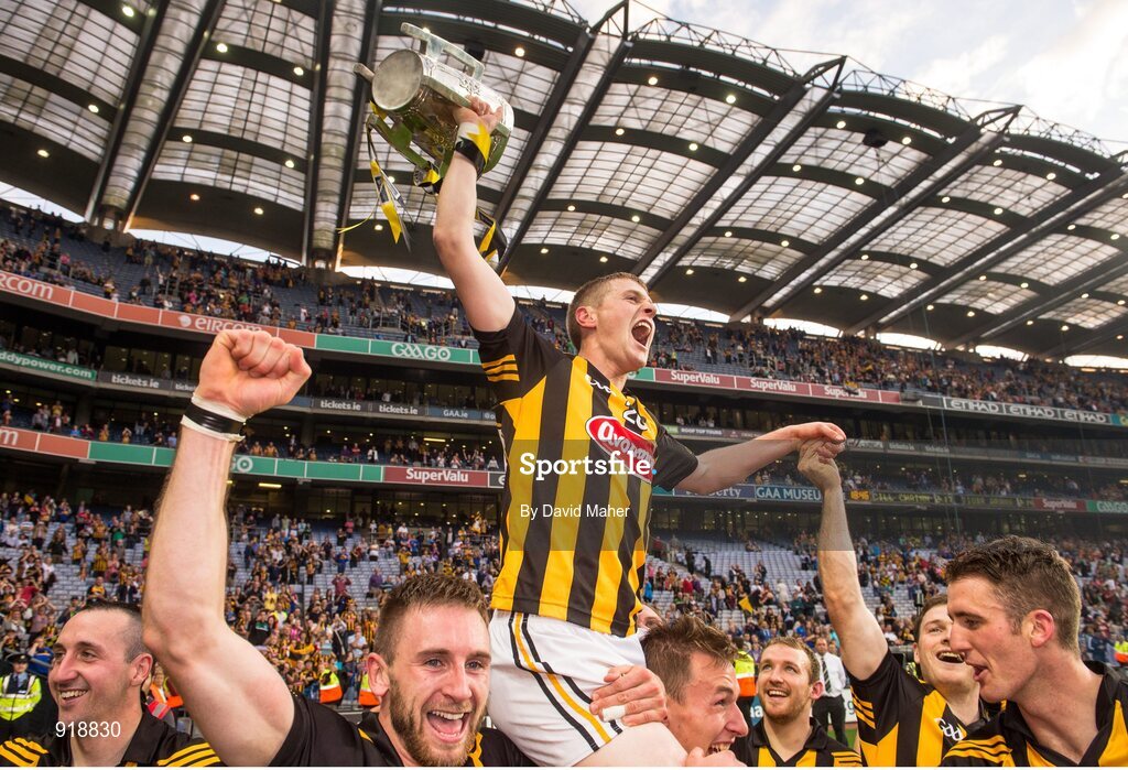 27 September 2014; Kilkenny captain Lester Ryan, is lifted shoulder high by his team-mate's at the end of the game. GAA Hurling All Ireland Senior Championship Final Replay, Kilkenny v Tipperary. Croke Park, Dublin. Picture credit: David Maher / SPORTSFILE