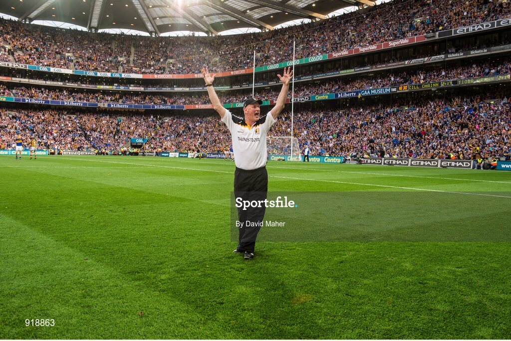 27 September 2014; Kilkenny manager Brian Cody celebrates at the final whistle at the end of the game. GAA Hurling All Ireland Senior Championship Final Replay, Kilkenny v Tipperary. Croke Park, Dublin. Picture credit: David Maher / SPORTSFILE