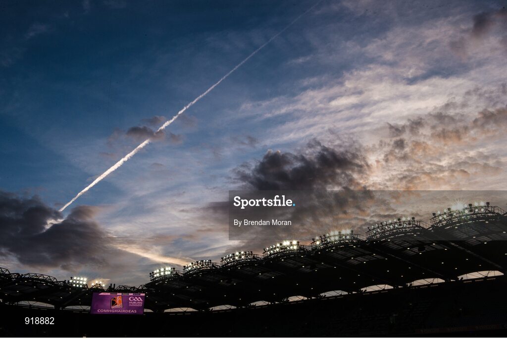 27 September 2014; The scoreboard displays a message of congratulations for the victorious Kilkenny team as the sun sets behind the Hogan Stand after the game. GAA Hurling All Ireland Senior Championship Final Replay, Kilkenny v Tipperary. Croke Park, Dublin. Picture credit: Brendan Moran / SPORTSFILE