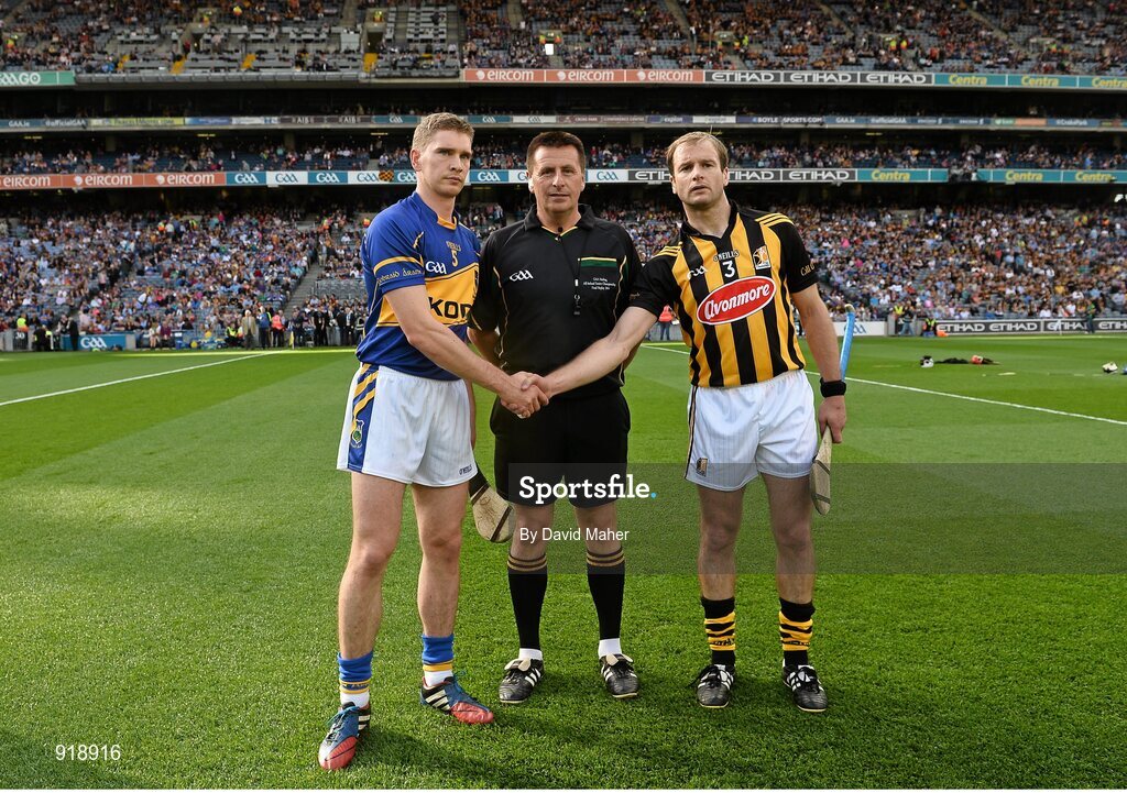 27 September 2014; Referee Brian Gavin, with  Tipperary captain Brendan Maher and Kilkenny captain JJ Delaney. GAA Hurling All Ireland Senior Championship Final Replay, Kilkenny v Tipperary. Croke Park, Dublin. Picture credit: David Maher / SPORTSFILE