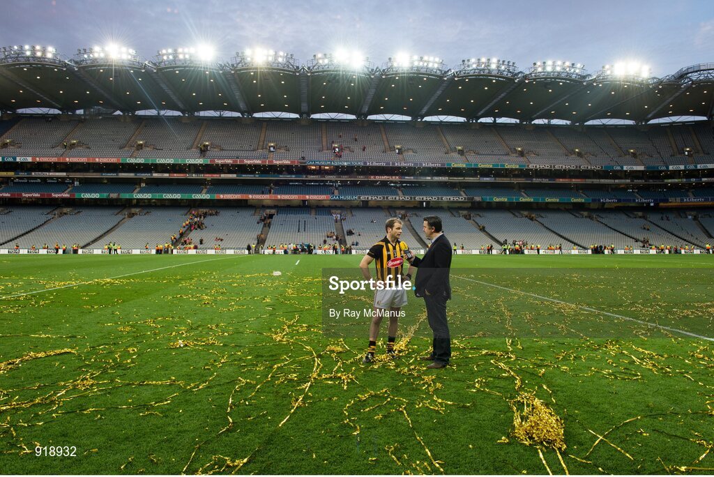 27 September 2014; Kilkenny full-back JJ Delaney is interviewed by Today FM's Paul Collins after the game. GAA Hurling All Ireland Senior Championship Final Replay, Kilkenny v Tipperary. Croke Park, Dublin. Picture credit: Ray McManus / SPORTSFILE