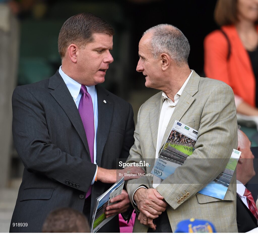 27 September 2014; Mayor of Boston Marty Walsh in conversation with Martin McAleese ahead of the game. GAA Hurling All Ireland Senior Championship Final Replay, Kilkenny v Tipperary. Croke Park, Dublin. Picture credit: Stephen McCarthy / SPORTSFILE
