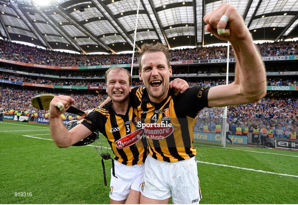 27 September 2014; Kilkenny's JJ Delaney, left, and Jackie Tyrrell celebrate after the game. GAA Hurling All Ireland Senior Championship Final Replay, Kilkenny v Tipperary. Croke Park, Dublin. Picture credit: Pat Murphy / SPORTSFILE