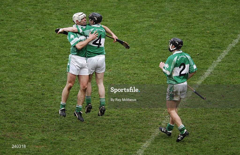17 March 2007; Ballyhale Shamrocks players Aidan Cummins, left, Padraig Holden and corner-back Paul Shefflin celebrate victory. AIB All-Ireland Senior Club Hurling Championship Final, Ballyhale Shamrocks v Loughrea, Croke Park, Dublin. Picture credit: Ray McManus / SPORTSFILE