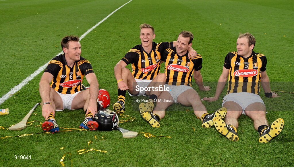 27 September 2014; Kilkenny players, from left, Kieran Jouce, Cillian Buckley, Jackie Tyrrell and JJ Delaney celebrate after the game. GAA Hurling All Ireland Senior Championship Final Replay, Kilkenny v Tipperary. Croke Park, Dublin. Picture credit: Piaras Ó Mídheach / SPORTSFILE