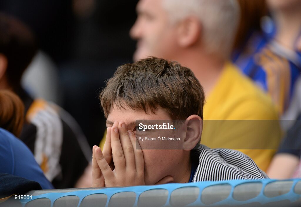 27 September 2014; A Tipperary supporter reacts during the game. GAA Hurling All Ireland Senior Championship Final Replay, Kilkenny v Tipperary. Croke Park, Dublin. Picture credit: Piaras Ó Mídheach / SPORTSFILE