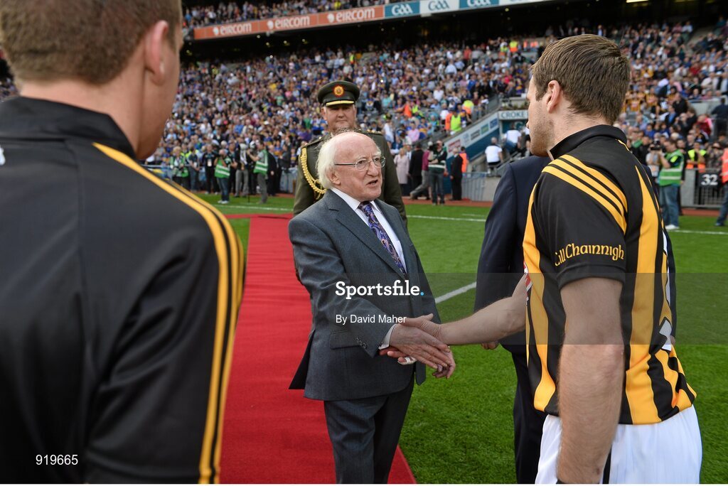 27 September 2014; President of Ireland Michael D. is greeted by Kilkenny captain JJ Delaney before the game. GAA Hurling All Ireland Senior Championship Final Replay, Kilkenny v Tipperary. Croke Park, Dublin. Picture credit: David Maher / SPORTSFILE
