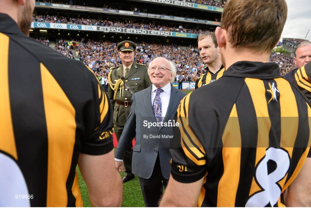 27 September 2014; President of Ireland Michael D. Higgins is presented to members of the Kilkenny team before the game. GAA Hurling All Ireland Senior Championship Final Replay, Kilkenny v Tipperary. Croke Park, Dublin. Picture credit: David Maher / SPORTSFILE
