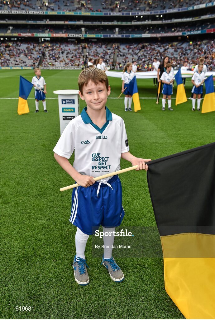 27 September 2014; Etihad Flagbearer Harry Trainor, age 8, from Dublin, at the game. GAA Hurling All Ireland Senior Championship Final Replay, Kilkenny v Tipperary. Croke Park, Dublin. Picture credit: Brendan Moran / SPORTSFILE