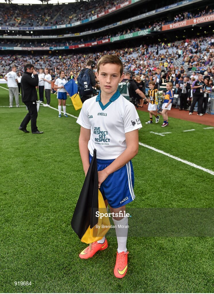 27 September 2014; Max Svejdar, age 12, from Harolds Cross, Co. Dublin, and a member of St Judes GAA club, who was a Liberty Insurance flagbearer at the GAA All Ireland Senior Championship Final Replay between Kilkenny and Tipperary in Croke Park. GAA Hurling All Ireland Senior Championship Final Replay, Kilkenny v Tipperary. Croke Park, Dublin. Picture credit: Brendan Moran / SPORTSFILE