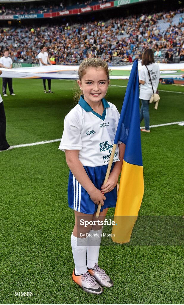 27 September 2014; Etihad Flagbearer Elaine Callanan, age 10, from Oranmore, Co. Galway, at the game. GAA Hurling All Ireland Senior Championship Final Replay, Kilkenny v Tipperary. Croke Park, Dublin. Picture credit: Brendan Moran / SPORTSFILE