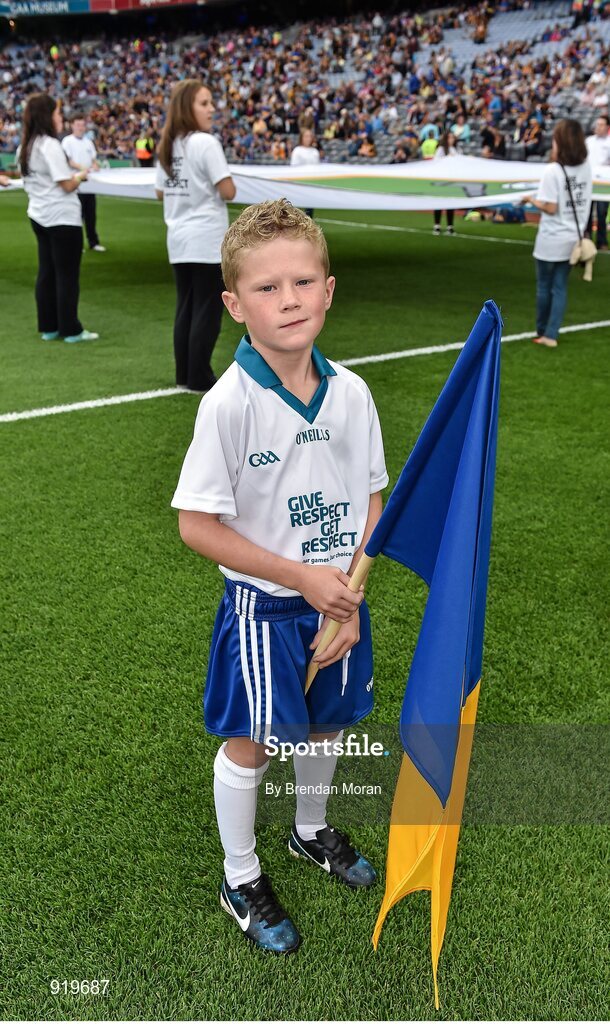 27 September 2014; Etihad Flagbearer James Fanning, age 7, from Tipperary, at the game. GAA Hurling All Ireland Senior Championship Final Replay, Kilkenny v Tipperary. Croke Park, Dublin. Picture credit: Brendan Moran / SPORTSFILE