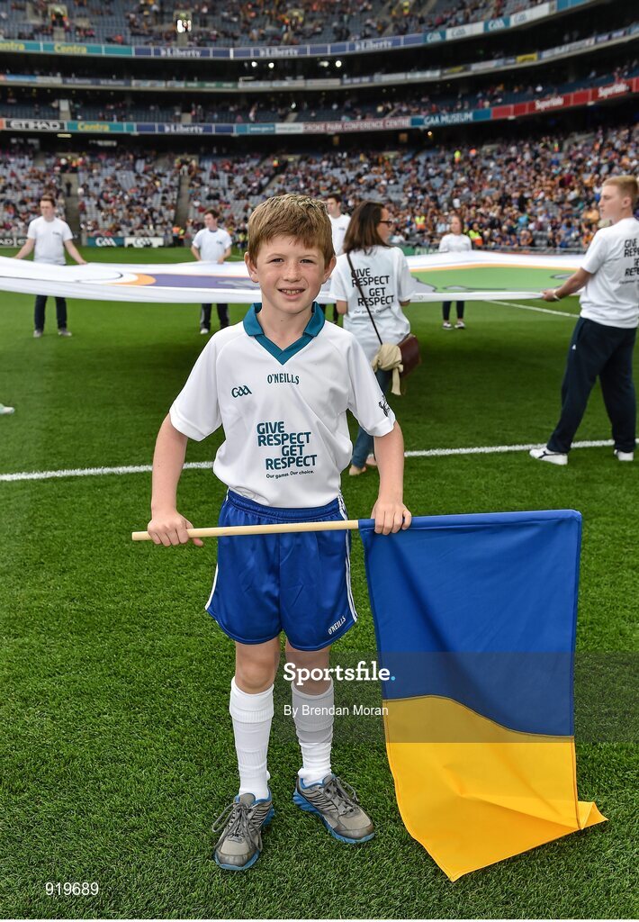 27 September 2014; Cathal English, age 9, from Cahir, Co. Tipperary, who was a Liberty Insurance flagbearer at the GAA All Ireland Senior Championship Final Replay between Kilkenny and Tipperary in Croke Park. GAA Hurling All Ireland Senior Championship Final Replay, Kilkenny v Tipperary. Croke Park, Dublin. Picture credit: Brendan Moran / SPORTSFILE