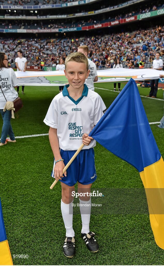 27 September 2014; Etihad Flagbearer Rory Grace, age 11, from Nenagh, Co. Tipperary, at the game. GAA Hurling All Ireland Senior Championship Final Replay, Kilkenny v Tipperary. Croke Park, Dublin. Picture credit: Brendan Moran / SPORTSFILE