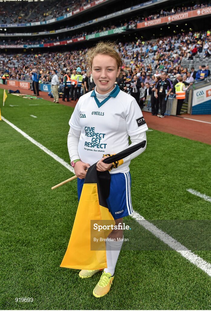 27 September 2014; Etihad Flagbearer Clodagh Hannon ahead of the GAA Hurling All Ireland Senior Championship Final Replay match between Kilkenny and Tipperary at Croke Park, Dublin. Photo by Brendan Moran/Sportsfile *** Local Caption *** CTION FEE ***