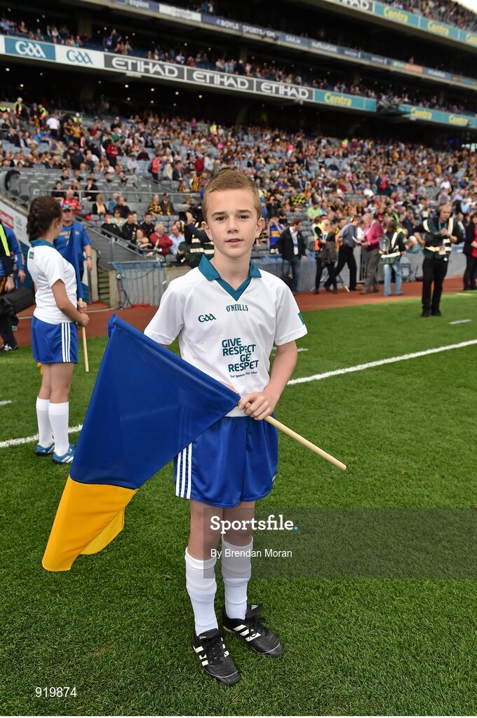 27 September 2014; Centra flagbearer Niall Duffy. GAA Hurling All Ireland Senior Championship Final Replay, Kilkenny v Tipperary. Croke Park, Dublin. Picture credit: Brendan Moran / SPORTSFILE