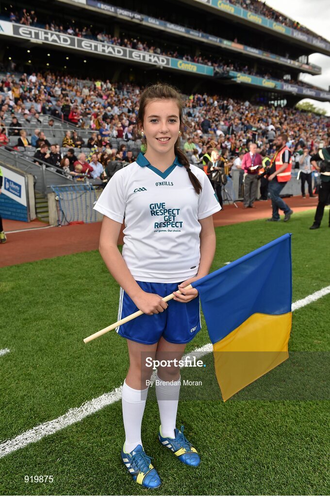 27 September 2014; Centra flagbearer Katie Boyle. GAA Hurling All Ireland Senior Championship Final Replay, Kilkenny v Tipperary. Croke Park, Dublin. Picture credit: Brendan Moran / SPORTSFILE