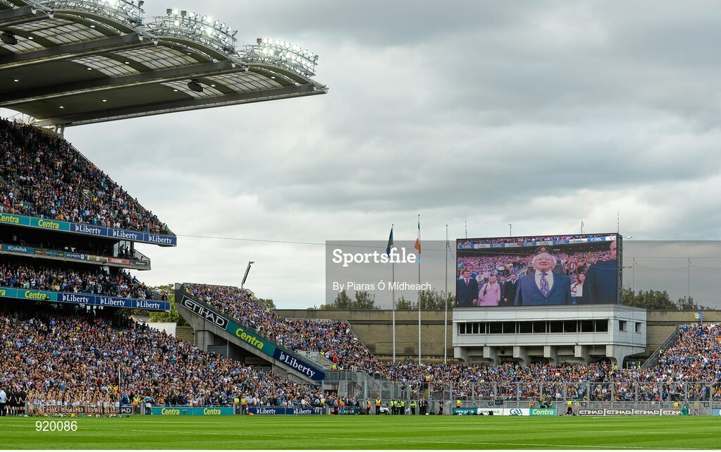 27 September 2014; President of Ireland Michael D. Higgins is introduced to the crowd before the match. GAA Hurling All Ireland Senior Championship Final Replay, Kilkenny v Tipperary. Croke Park, Dublin. Picture credit: Piaras Ó Mídheach / SPORTSFILE