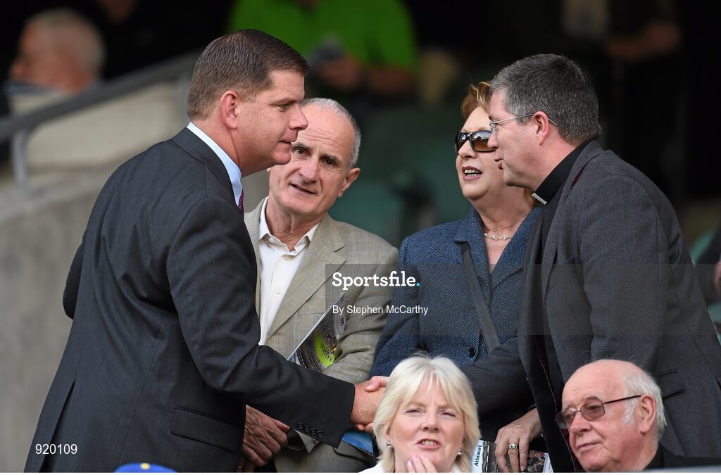 27 September 2014; Mayor of Boston Marty Walsh is greeted by Diarmuid Martin, Archbishop of Dublin, and Mary and Martin McAleese ahead of the game. GAA Hurling All Ireland Senior Championship Final Replay, Kilkenny v Tipperary. Croke Park, Dublin. Picture credit: Stephen McCarthy / SPORTSFILE