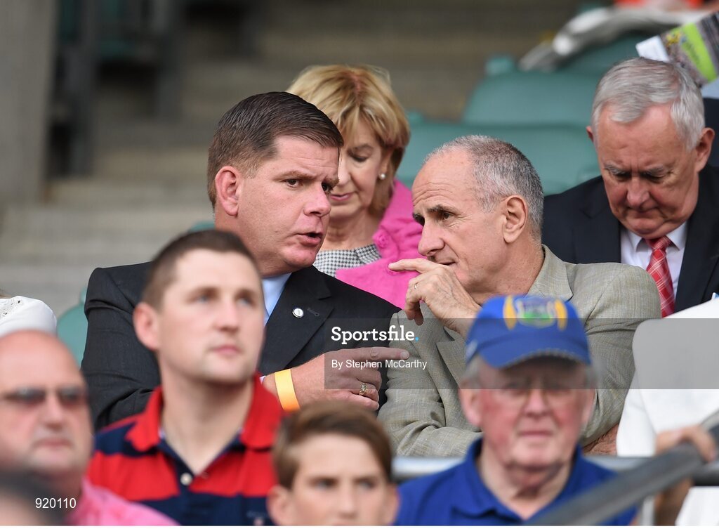 27 September 2014; Mayor of Boston Marty Walsh in conversation with Martin McAleese ahead of the game. GAA Hurling All Ireland Senior Championship Final Replay, Kilkenny v Tipperary. Croke Park, Dublin. Picture credit: Stephen McCarthy / SPORTSFILE