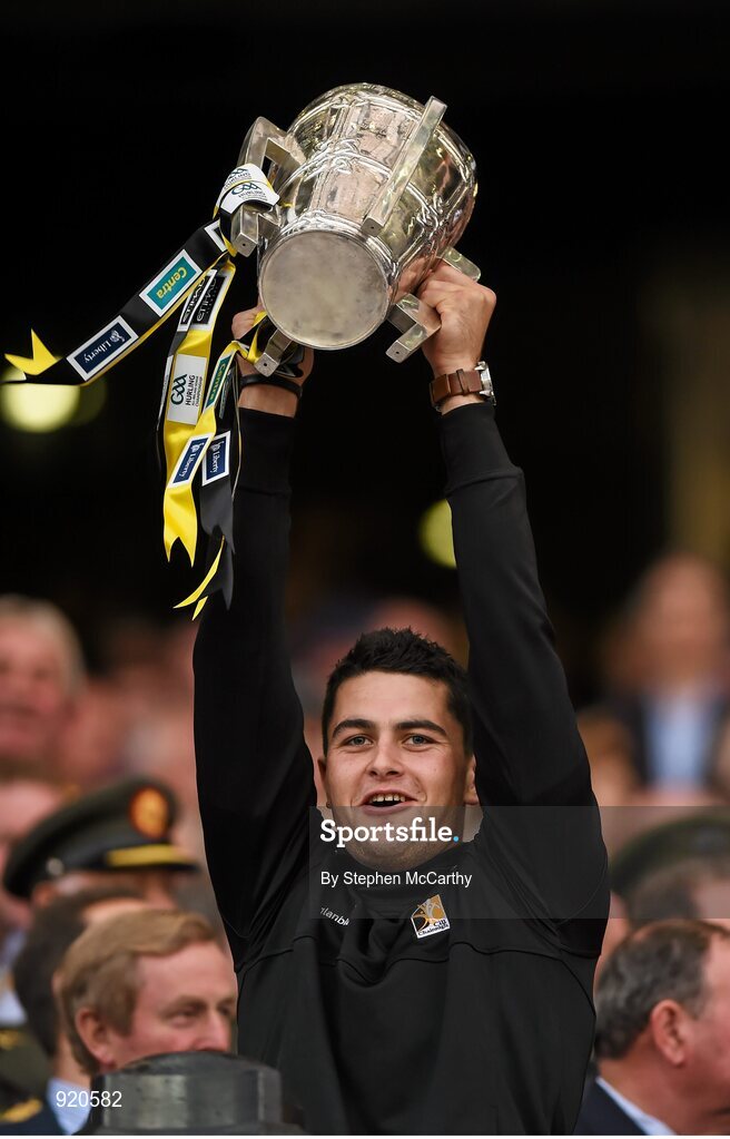 27 September 2014; Geoff Brennan, Kilkenny, lifts the Liam MacCarthy cup. GAA Hurling All Ireland Senior Championship Final Replay, Kilkenny v Tipperary. Croke Park, Dublin. Picture credit: Stephen McCarthy / SPORTSFILE