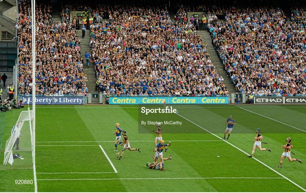 27 September 2014; Tipperary's Seamus Callanan celebrates scoring his side's first goal of the game. GAA Hurling All Ireland Senior Championship Final Replay, Kilkenny v Tipperary. Croke Park, Dublin. Picture credit: Stephen McCarthy / SPORTSFILE