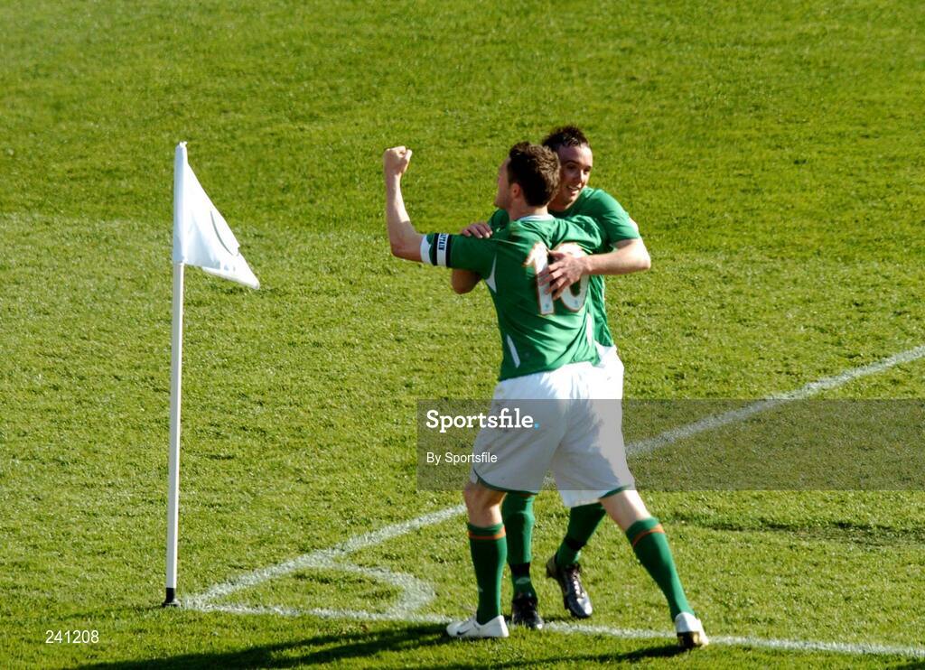 24 March 2007; The Republic of Ireland's Stephen Ireland celebrates with team-mate Robbie Keane after scoring the first goal. 2008 European Championship Qualifier, Republic of Ireland v Wales, Croke Park, Dublin. Photo by Sportsfile *** Local Caption ***