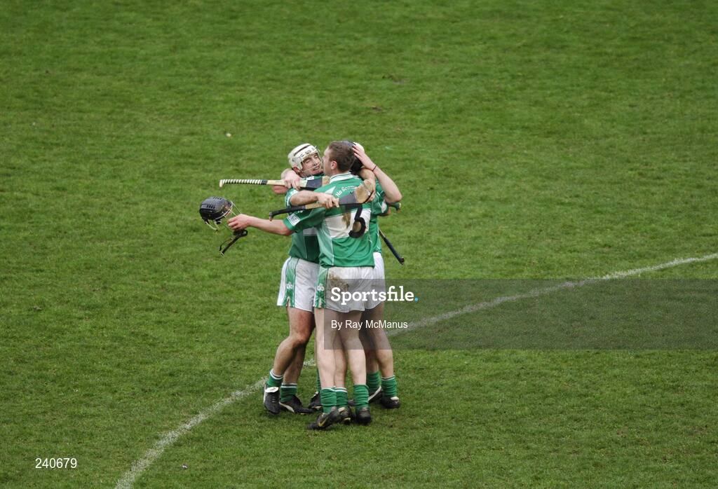 17 March 2007; Ballyhale Shamrocks players Eamonn Walsh, 3, Michael Fennelly, Aidan Cummins and Keith Nolan, left, celebrate victory. AIB All-Ireland Senior Club Hurling Championship Final, Ballyhale Shamrocks v Loughrea, Croke Park, Dublin. Picture credit: Ray McManus / SPORTSFILE