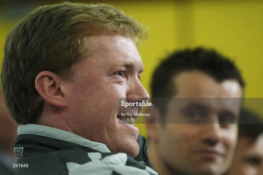 27 March 2007; Republic of Ireland manager Steve Staunton, under the watchful eye of goalkeeper Shay Given, speaks at a press conference ahead of their 2008 European Championship Qualifier against Slovakia. Croke Park, Dublin. Picture credit: Ray McManus  / SPORTSFILE