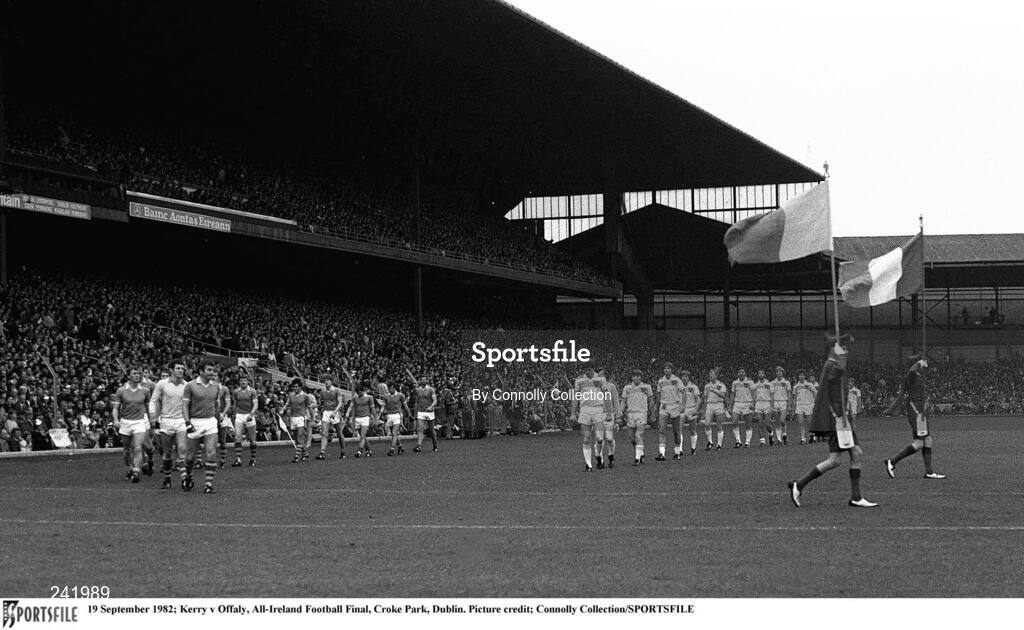 19 September 1982; Parade ahead of the All-Ireland Senior Football Final match between Offaly and Kerry at Croke Park, Dublin. Photo by Connolly Collection/Sportsfile