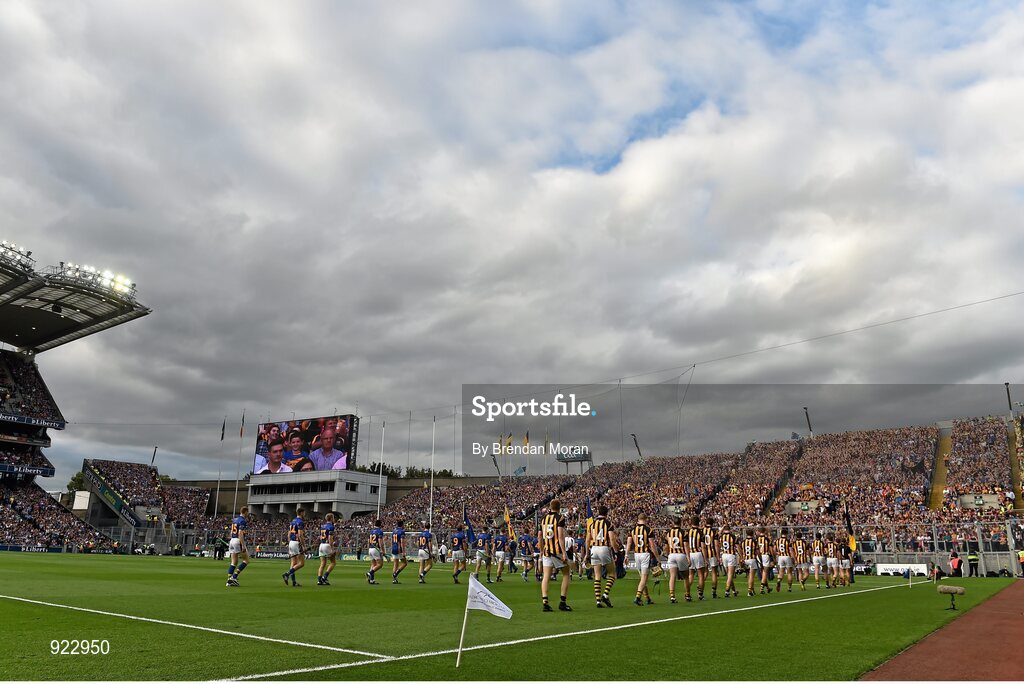 27 September 2014; The Kilkenny and Tipperry teams are led by the Artane Band during the pre-match parade. GAA Hurling All Ireland Senior Championship Final Replay, Kilkenny v Tipperary. Croke Park, Dublin. Picture credit: Brendan Moran / SPORTSFILE