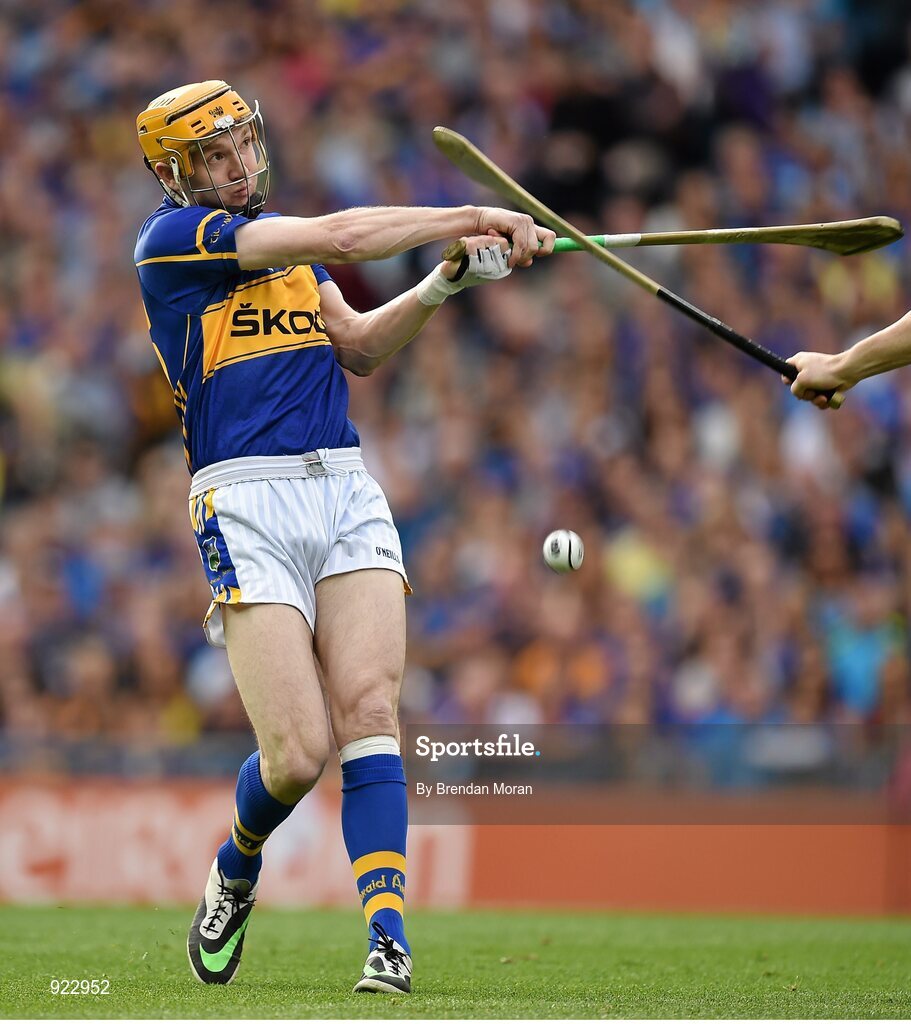 27 September 2014; Lar Corbett, Tipperary, has his shot blocked down by a Kilkenny defender. GAA Hurling All Ireland Senior Championship Final Replay, Kilkenny v Tipperary. Croke Park, Dublin. Picture credit: Brendan Moran / SPORTSFILE