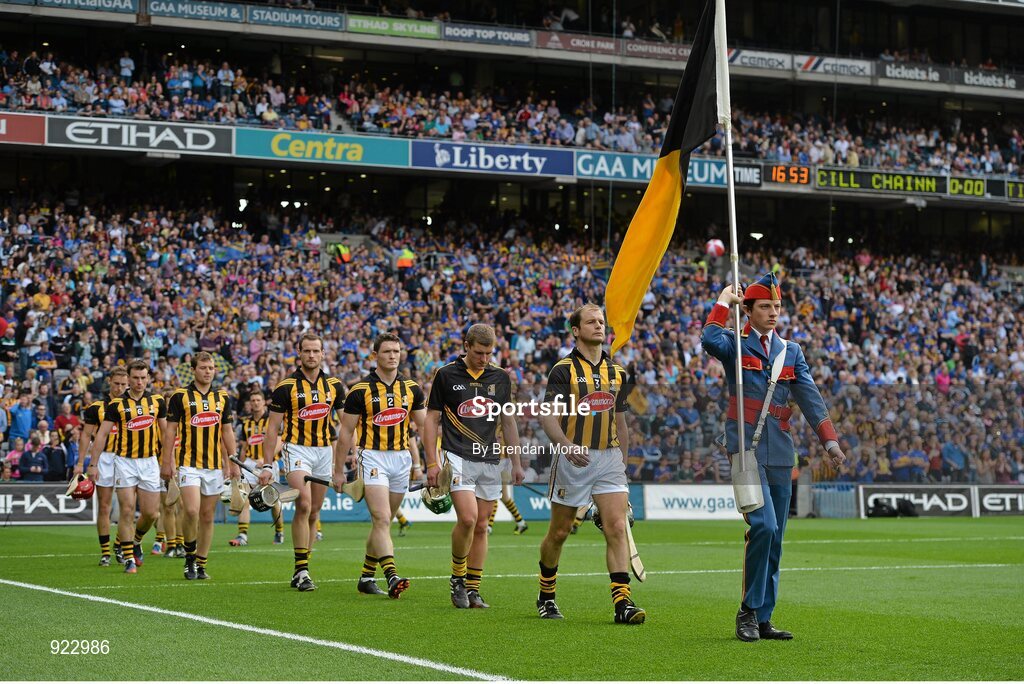 27 September 2014; The Kilkenny team, led by playing captain JJ Delaney, march behind the Artane Band during the pre-match parade. GAA Hurling All Ireland Senior Championship Final Replay, Kilkenny v Tipperary. Croke Park, Dublin. Picture credit: Brendan Moran / SPORTSFILE