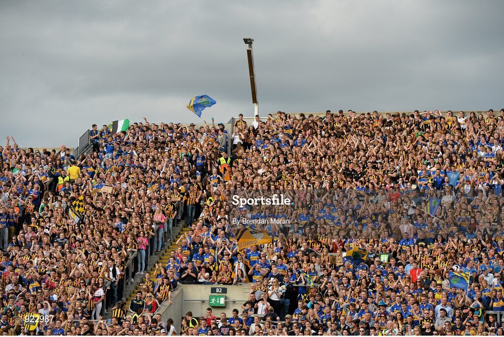 27 September 2014; Supporters on Hill 16 cheer on the teams ahead of the game. GAA Hurling All Ireland Senior Championship Final Replay, Kilkenny v Tipperary. Croke Park, Dublin. Picture credit: Brendan Moran / SPORTSFILE