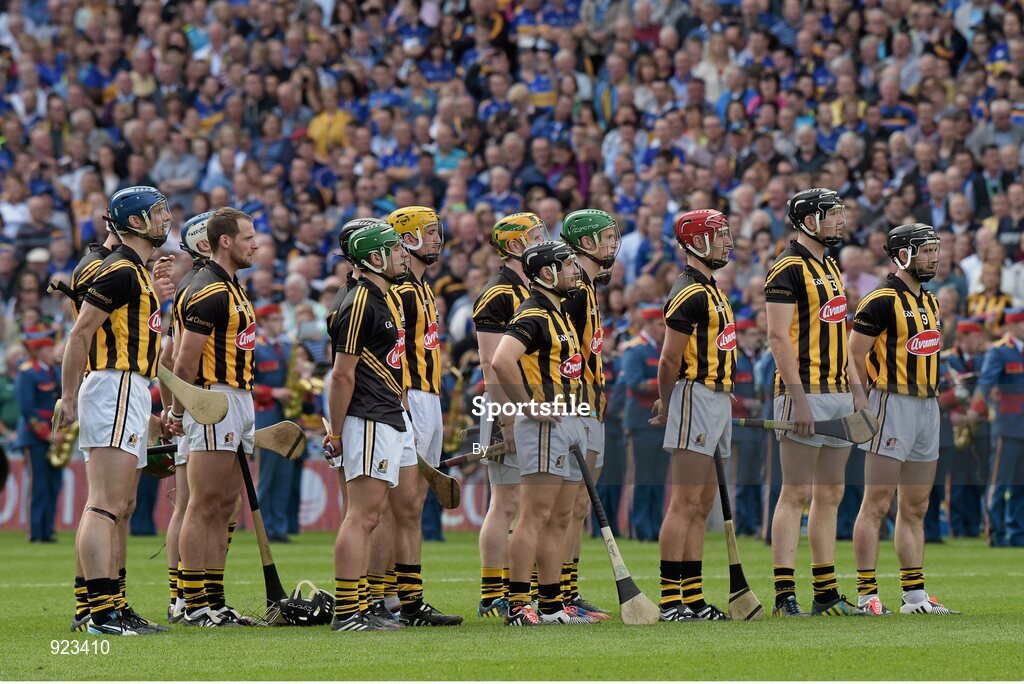 7 September 2014; The Kilkenny players stand for the singing of  the National Anthem "Amhrán na bhFiann" before the game. GAA Hurling All Ireland Senior Championship Final, Kilkenny v Tipperary. Croke Park, Dublin. Picture credit: Ray McManus / SPORTSFILE