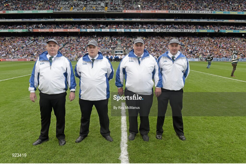 7 September 2014; Umpires Séamus O'Brien, Michael Coyle, Paddy Walsh, and Paul Reville, before the game. GAA Hurling All Ireland Senior Championship Final, Kilkenny v Tipperary. Croke Park, Dublin. Picture credit: Ray McManus / SPORTSFILE