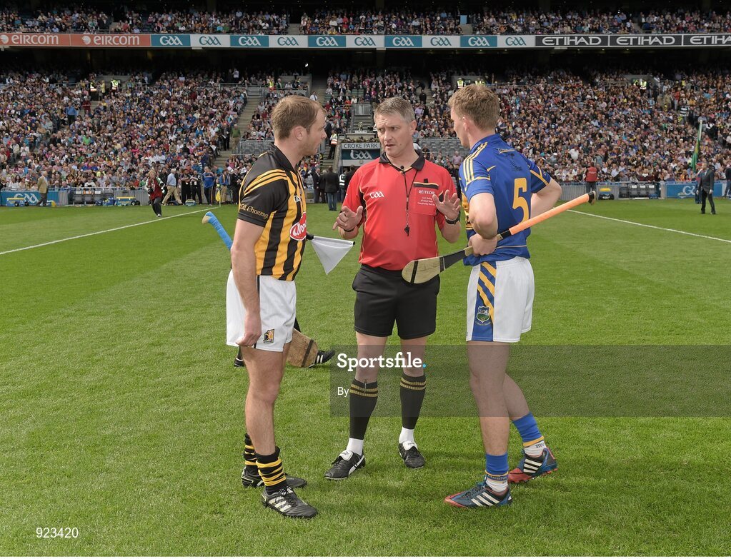7 September 2014; Referee Barry Kelly speaks to JJ Delaney, Kilkenny, left, and Tipperary's Brendan Maher  before the game. GAA Hurling All Ireland Senior Championship Final, Kilkenny v Tipperary. Croke Park, Dublin. Picture credit: Ray McManus / SPORTSFILE