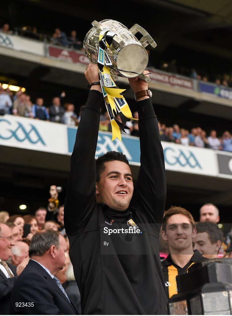 27 September 2014; Kilkenny's Geoff Brennan lifts the Liam MacCarthy cup. GAA Hurling All Ireland Senior Championship Final Replay, Kilkenny v Tipperary. Croke Park, Dublin. Picture credit: Ray McManus / SPORTSFILE